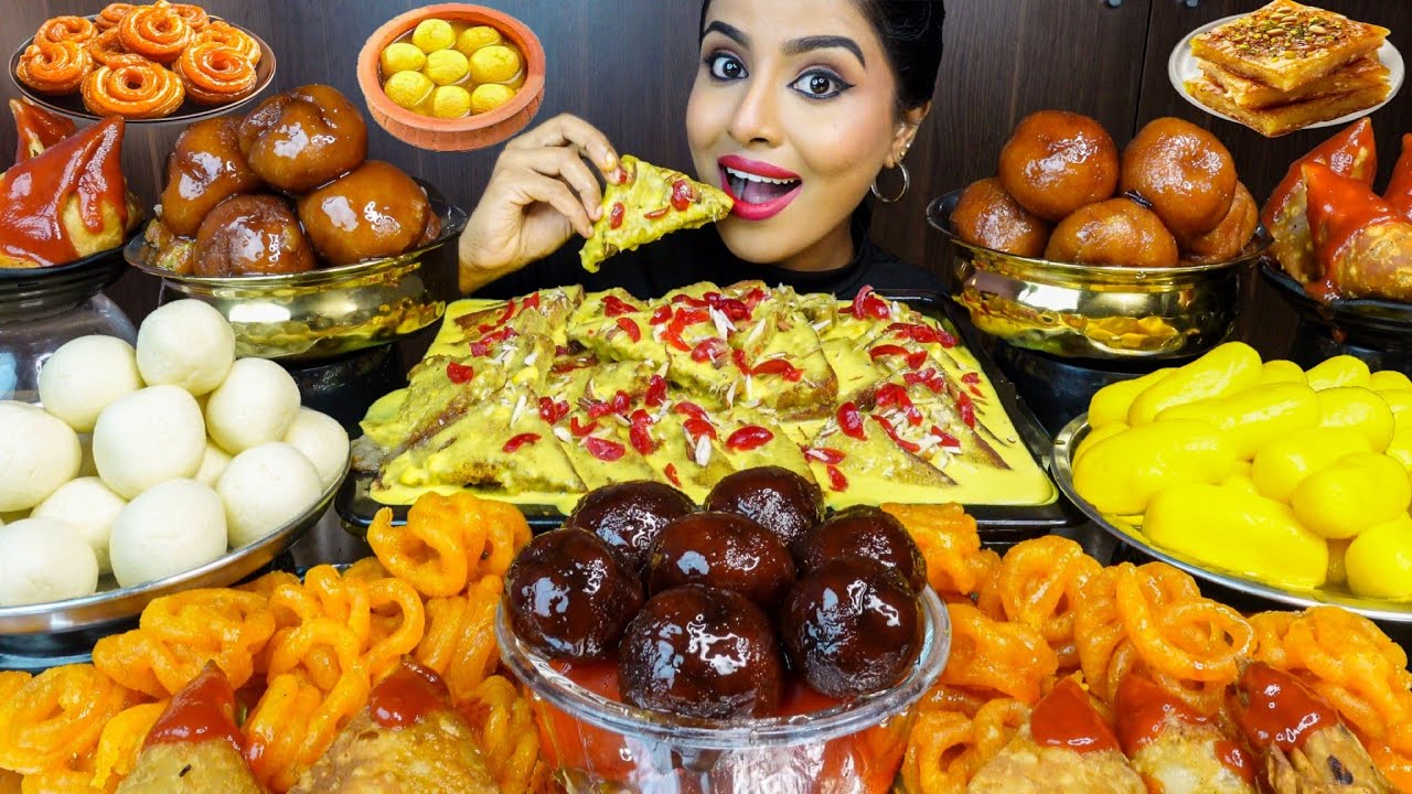 ASMR Eating Rasgulla,Gulab Jamun,Jalebi,Milk Peda,Samosa,Shahi Tukda Milk Sweets ASMR Eating Mukbang