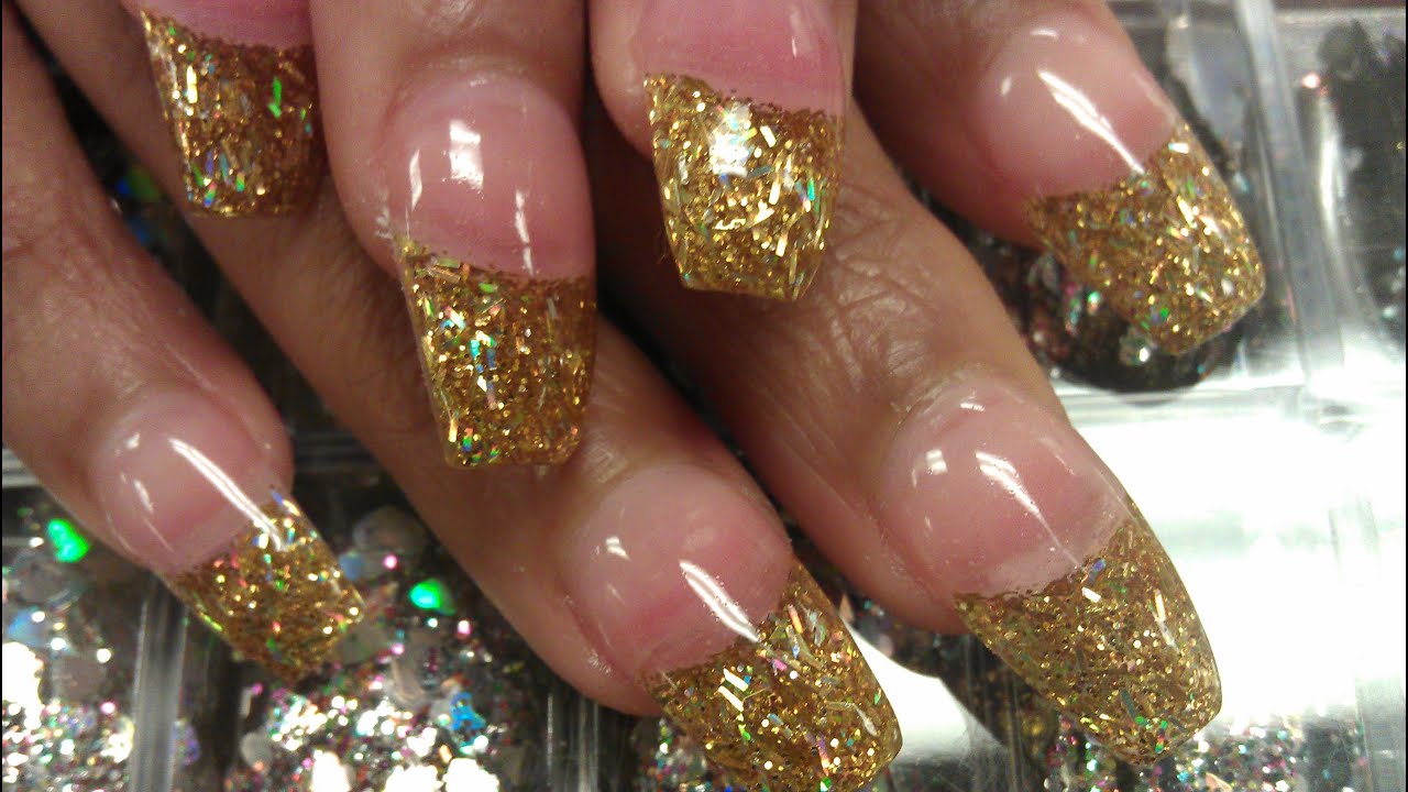 HOW TO COFFIN GOLD GLITTER NAILS PART 3 buff & shine - YouTube