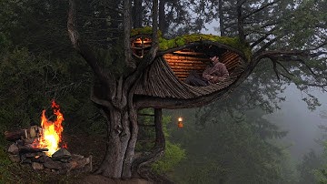BUSHCRAFT TREEHOUSE - Building a Shelter in the Rainy Forest - Solo Camping in the Wilderness