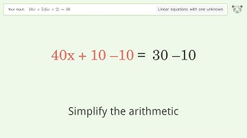 Solve 10x+5(6x+2)=30: Linear Equation Video Solution | Tiger Algebra