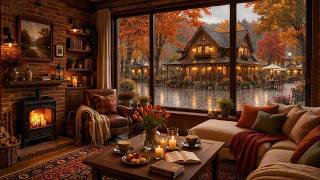 Serene Firelit Autumn Coffee Shop 🍂 Soft Jazz Piano & Gentle Rain Sounds for Study & Focus screenshot 3