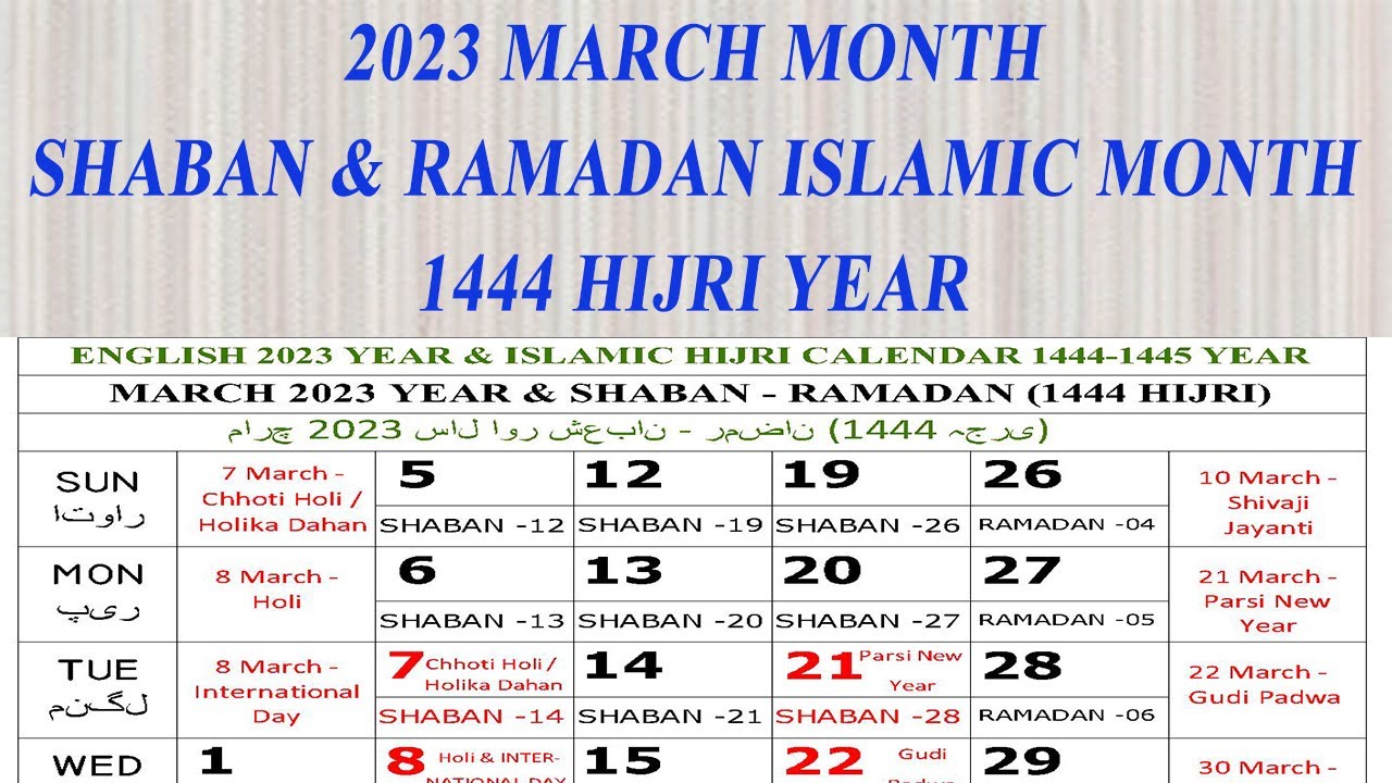 2023 March Calendar Shaban And Ramadan Islamic Month 2023march