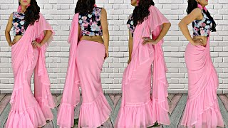 How To Wear Ruffle Saree In Modern Style | Ruffle Saree Draping To Look Slim