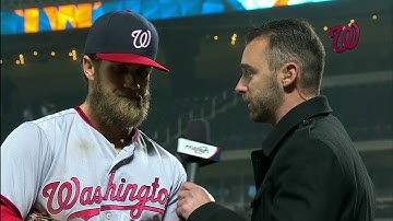 Bryce Harper chats with Dan Kolko after Nats win