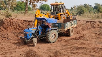 Powertrac 439 tractor  JCB 3DX Excavator Working ackhoe Loader Cutting Mud and Loading