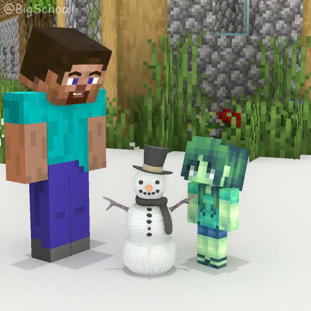 Whose snowman is more beautiful?! Zombie Boy, Zombie Girl, and Herobrine ?