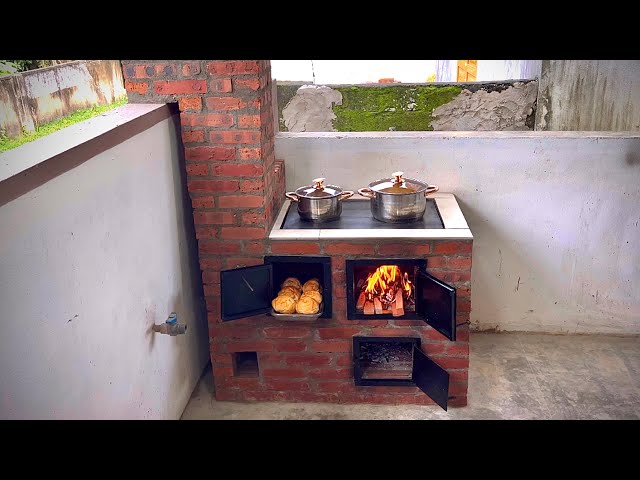 Wood stove with beautiful oven made of a mixture of cement clay and red  bricks 