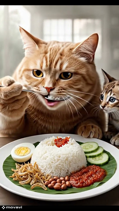 AWW! Mama Cat Shares Nasi Lemak With Baby! #AICat #Shorts