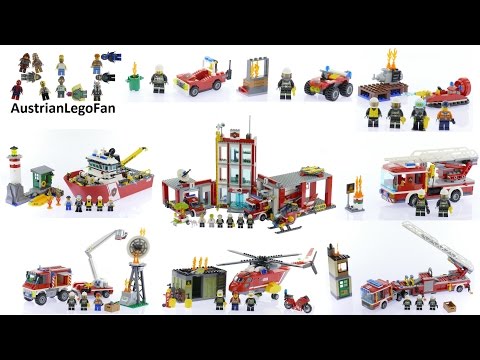 LEGO City Fire Truck with water jet. Burger bar and City Fire motorbike. 2 firefighters and a grill . 