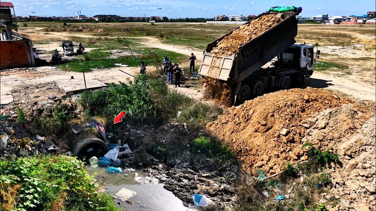Starting Processing Pushe Site Using Dump Truck25Ton With KOMATSU D41P Pour Soil into Flooded Land