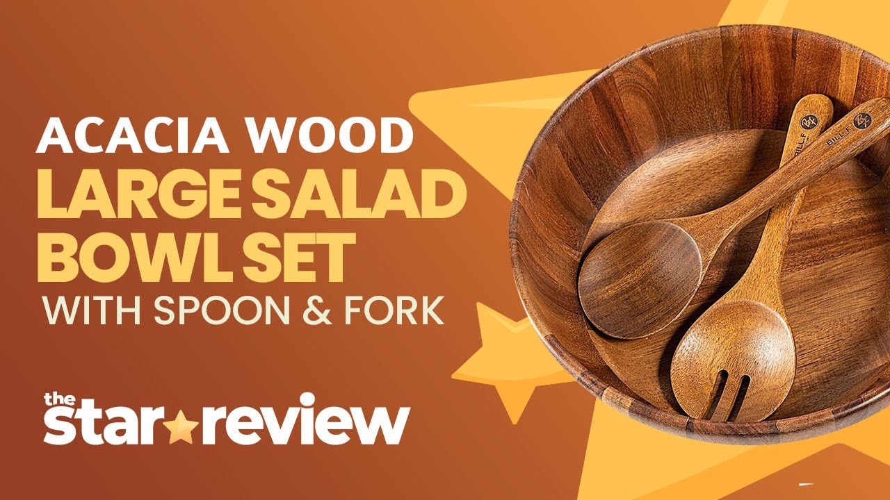 BILL.F Wooden Serving Bowl,12" Acacia Wood Large Salad Bowl Set with Salad Spoon and Fork