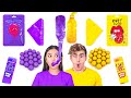 EATING ONLY ONE COLOR FOOD FOR 24 HOURS! Purple VS Yellow Mukbang by 123GO! CHALLENGE