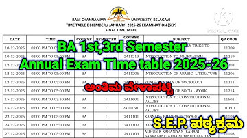 BA 1st,3rd Semester {S.E.P}Annual exam Final Timetable 2025-26 |#rcub #exam