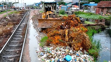 First Start Huge Landfill Task! Using Dozer D31P Pushing Soil & Dump Truck to Delete Flooded Area