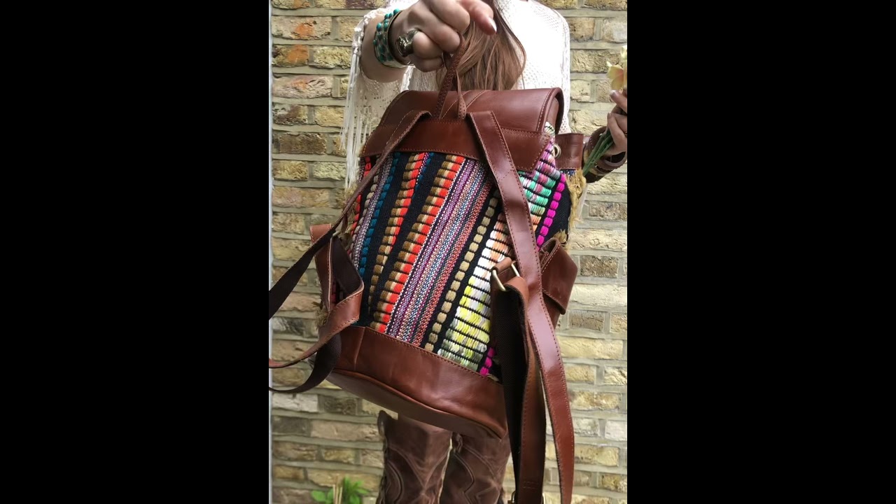 Hippie Aztec Leather Backpack - Handmade Woven Boho Bag | Maya’s Curiosities