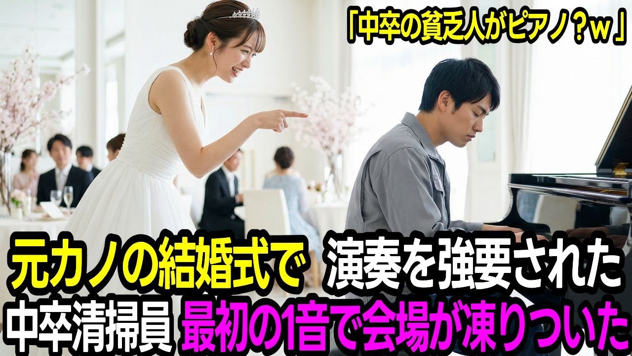 「中卒の清掃員がピアノ？w」元カノの結婚式で無茶ぶりされた貧乏人。最初の1音で、新婦が号泣した...