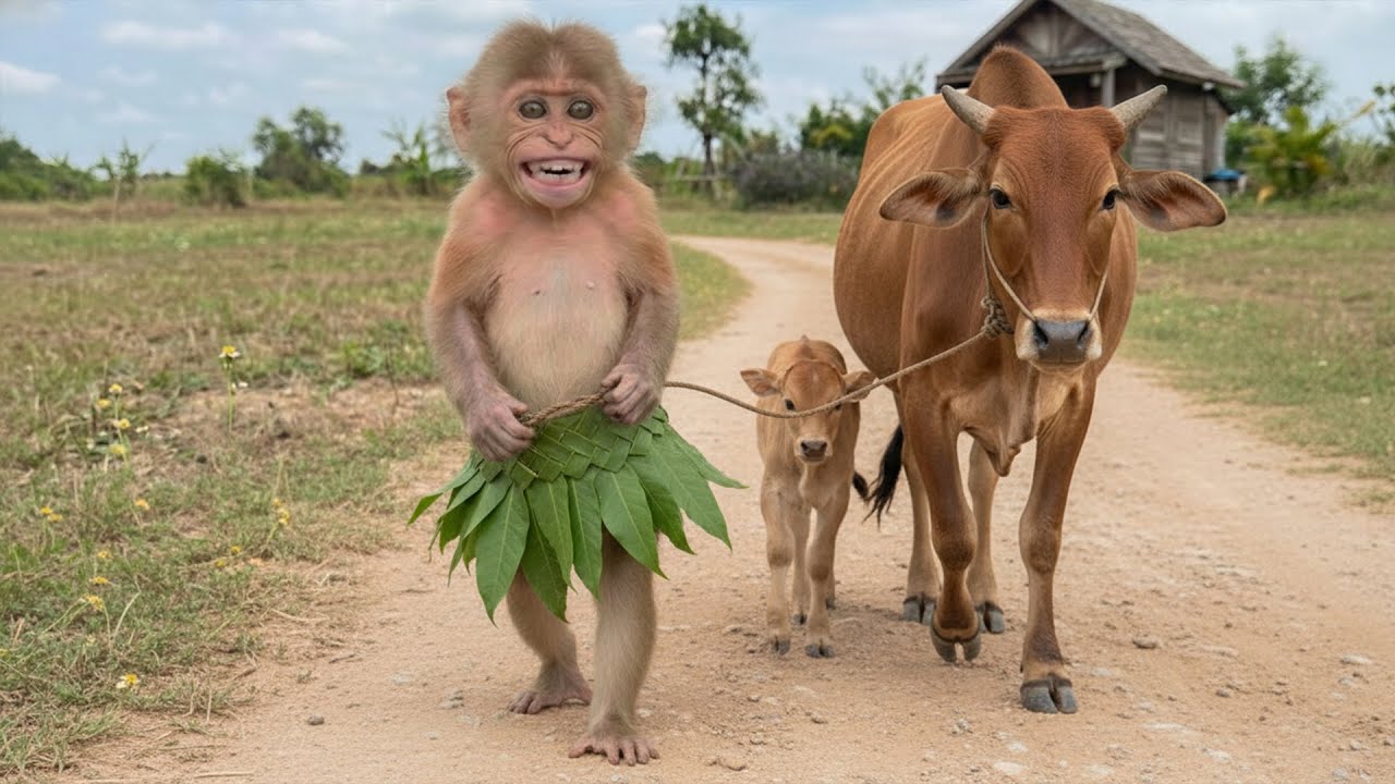 Monkey Bon Meets a Cow! 🐮 Caring Brother Moments & Farm Life Compilation