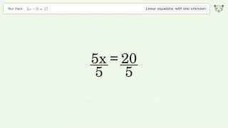 Linear equation with one unknown: Solve 5x-3=17 step-by-step solution