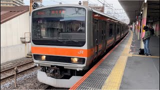 E231系0番台ｹﾖMU12編成が武蔵野線府中本町行きとして武蔵浦和駅2番線を発車するシーン（1316E）2022.12.17