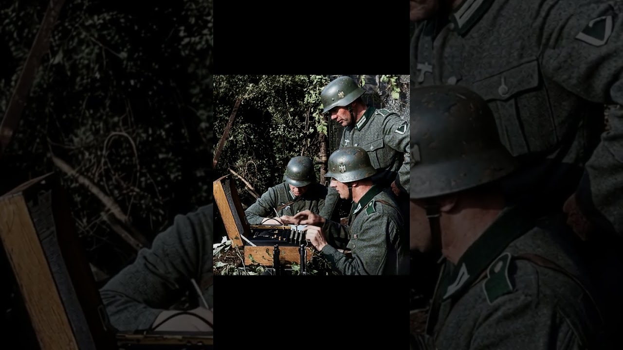 German signal troops operate an Enigma cipher machine during field communications early in the war.