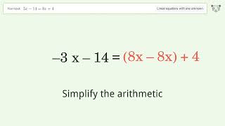 Linear equation with one unknown: Solve 5x-14=8x+4 step-by-step solution