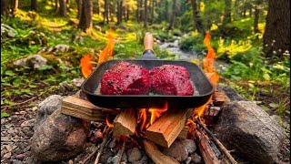 Real Bushcraft Cooking: Sizzling Beef Steak in Deep Forest 🪵🥩
