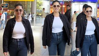 Sunny Leone Wearing Comfy Clothes To Deal The Heat While Leaving From The Airport