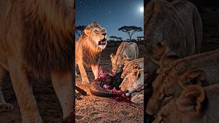 Lions feeding near flickering firelight, shadows moving #animals #entertainment #everyone #lionking