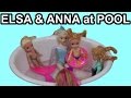 Elsa and Anna toddlers & Olaf go to the POOL with Barbie