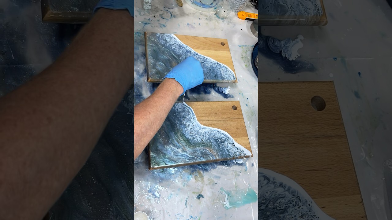 Pouring epoxy resin waves on charcuterie boards. Great gifts ideas for Christmas Holidays gift