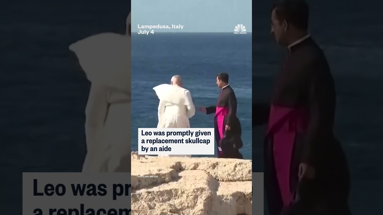 Pope Leo’s skullcap was swept away by strong winds during a visit to Lampedusa Pope Leo’s skullcap was swept away by strong winds during a visit to Lampedusa