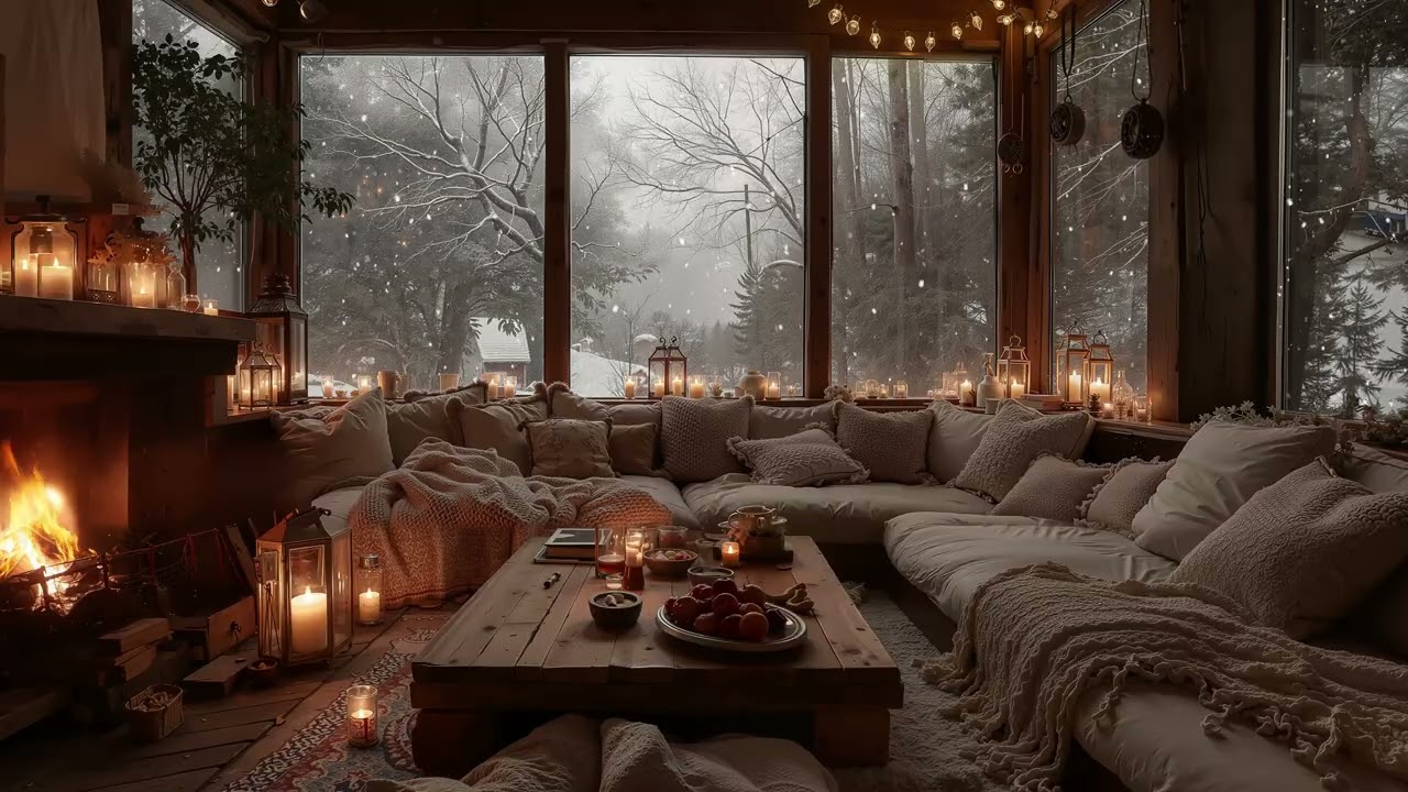 Peaceful Winter Night Ambience ❄️ Soft Piano, Fireplace & Falling Snow for Deep Sleep