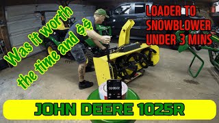 JOHN DEERE 1025R UNDER 3 MINUTES!! Loader to Snowblower install