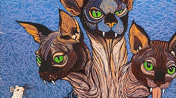 Printing process of reduction linocut print "Monster cat" #printmaking