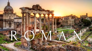 Wide pan across ruined buildings and monuments of the Roman Forum