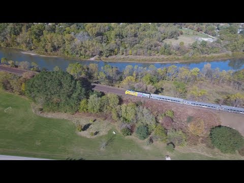 VIA rail passenger train #73, London ON [drone,4k] (2017-Oct-16)