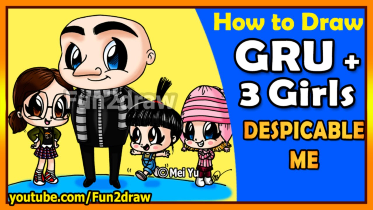 How to Draw Despicable Me - Gru, Agnes, Margo + Edith - Drawing Art for Kids Tutorials - Fun2draw