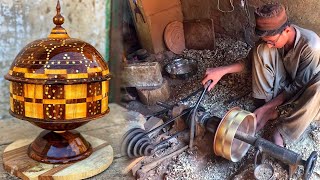 How Brass Inlayed Wooden Hotpot are Made || Making a Wooden Chapti Hotpot With Piece Of Wood