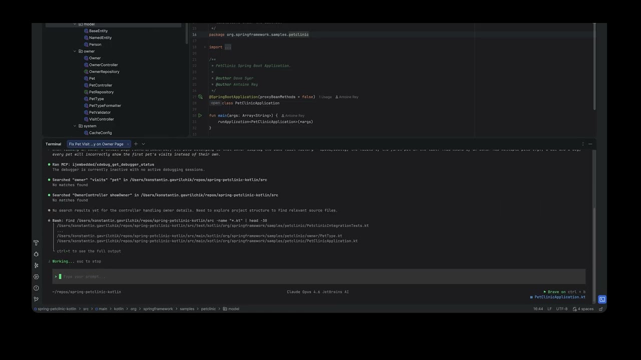 Junie setting breakpoints and inspecting runtime state in the IDE debugger.