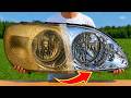 Old headlights become crystal clear like glass using just a razor blade.