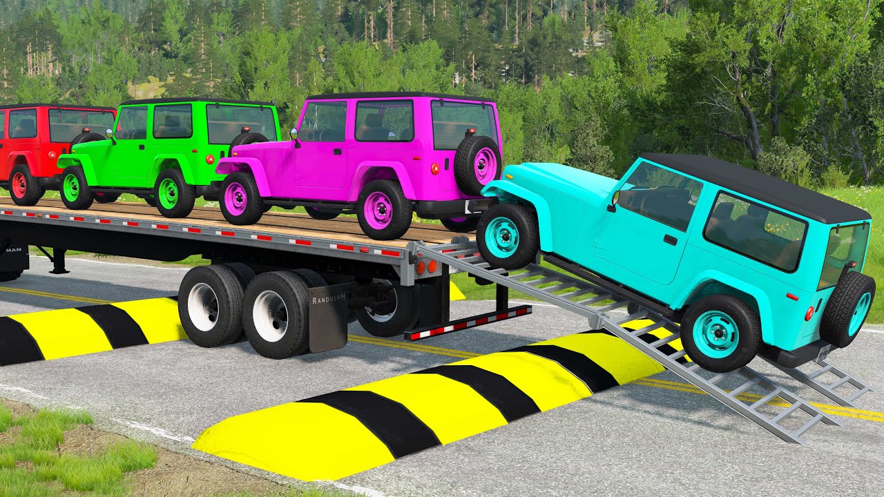 Flatbed Trailer Cars Transporatation with Truck - Pothole vs Car - BeamNG.Drive #113