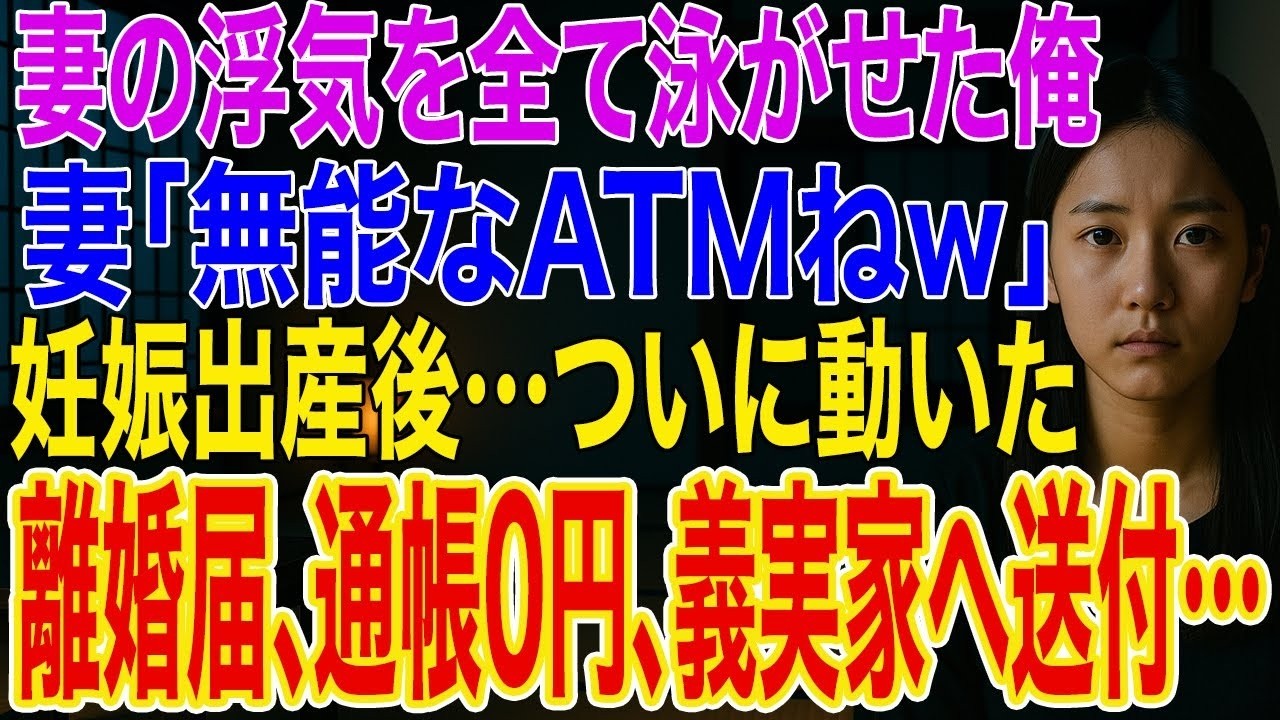 【修羅場】妻の浮気を泳がせた俺「全部報告してね」妻「無能なATMねw」妊娠出産後➡離婚届と通帳0円と証拠を義実家に送付した結果、半狂乱の妻から鬼電が…