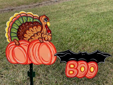 LEARN TO PAINT: Thanksgiving Turkey and Halloween Boo Bat Yard Art