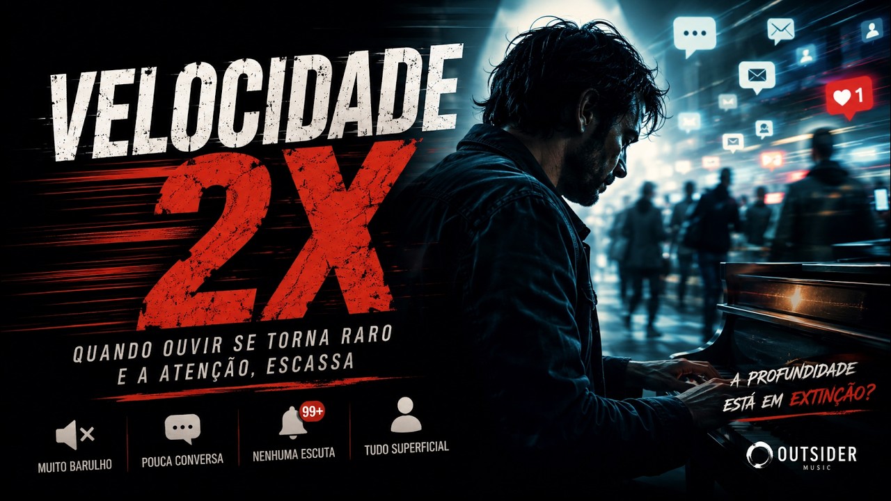 Arte promocional em formato 16:9 da música "Velocidade 2X". À esquerda, o título aparece em letras grandes brancas e vermelhas sobre fundo preto com traços vermelhos de velocidade. Abaixo, a frase: "Quando ouvir se torna raro e a atenção, escassa". Na parte inferior, ícones representam excesso de ruído, pouca conversa, nenhuma escuta e superficialidade. À direita, um homem toca piano em um ambiente urbano iluminado por telas e notificações de redes sociais, enquanto pessoas desfocadas caminham ao fundo. A frase "A profundidade está em extinção?" aparece ao lado do pianista, com o logotipo Outsider Music no canto inferior direito. A composição transmite a ideia de distração digital, sobrecarga de informação e perda da atenção profunda.