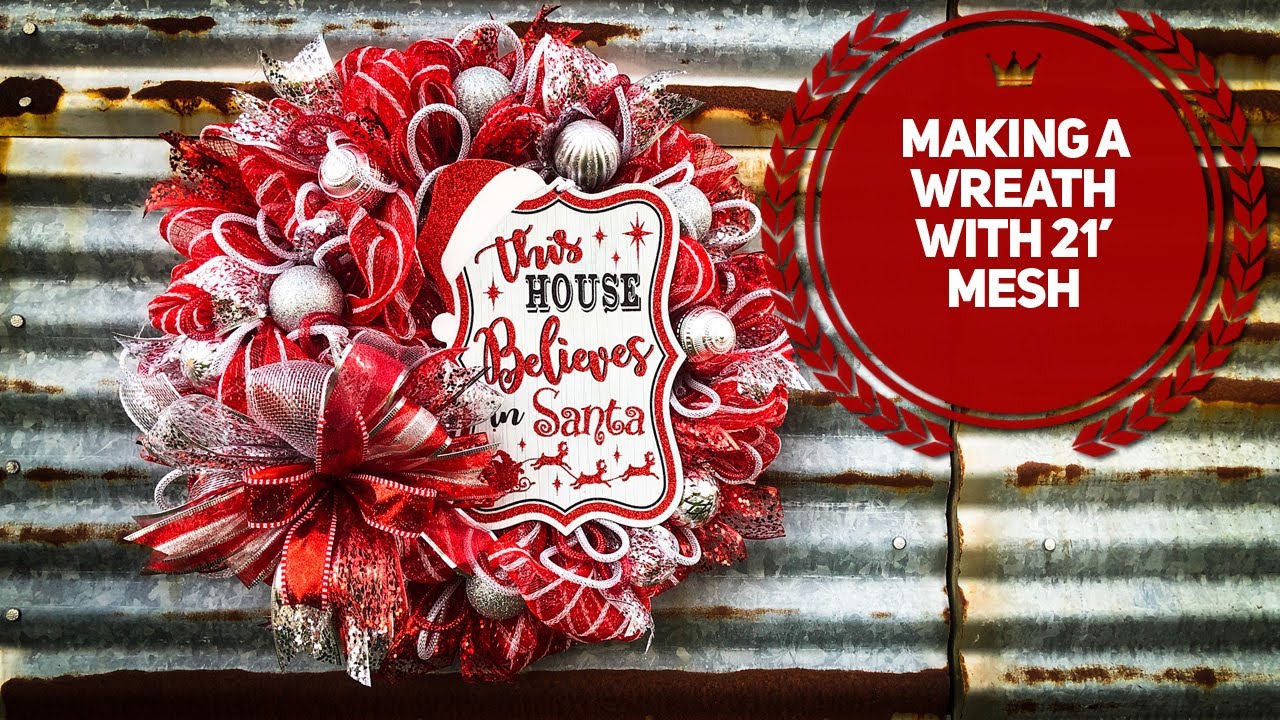 Изготовление рождественского венка из декоративной сетки 21 дюйм методом «Пуф» — венок Санты крас...