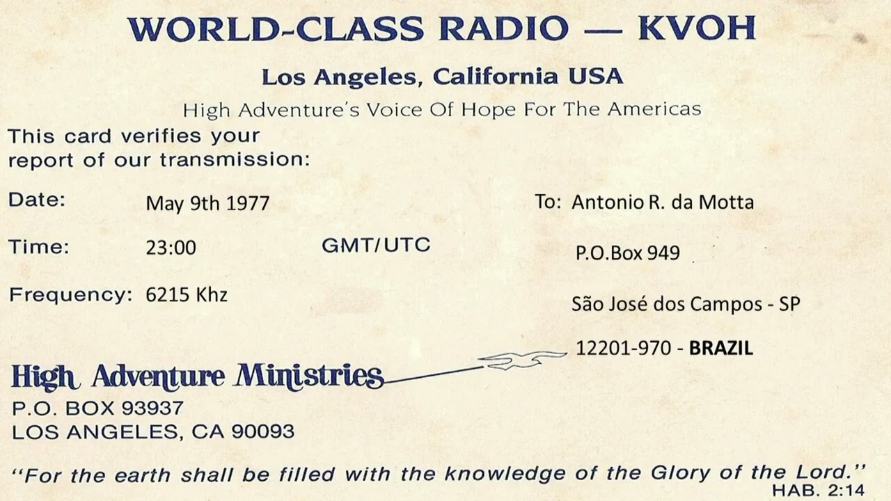 Radio KING of Hope 'KVOH' 6215 KHz -  Arashafieh (LBN) - 1977