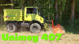 Unimog 407 Waldrand freischneiden  Stihl Hochentaster Eschlböck Holzhacker Unimog und Eicher