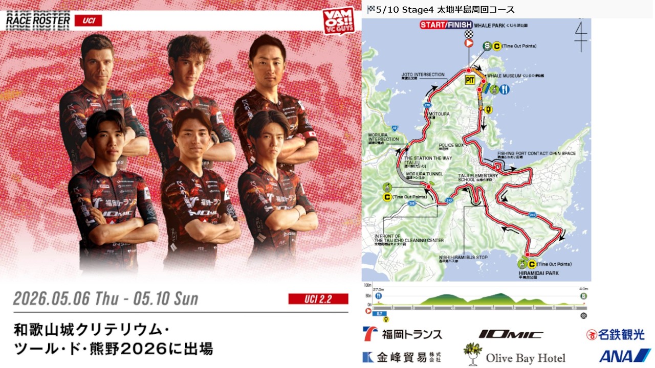 VC福岡】チームカーLIVE配信：5/10 ツール・ド・熊野 2026 Stage4 太地