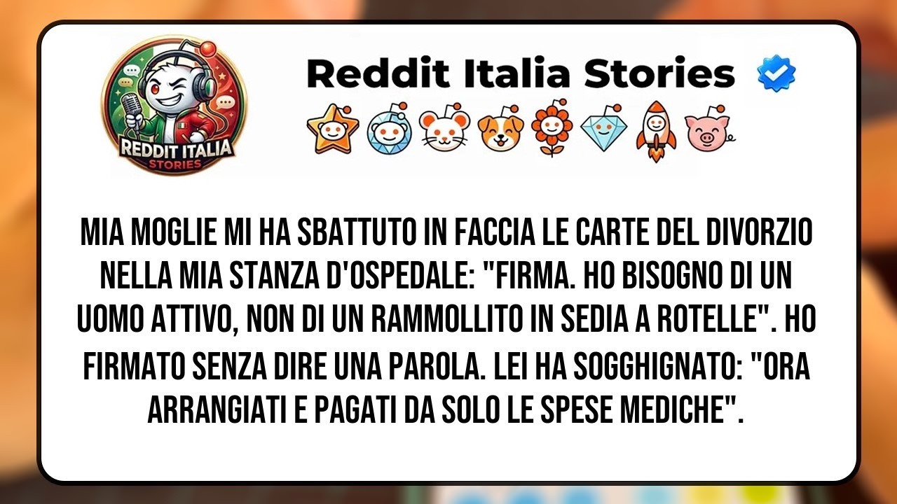 Mia moglie mi ha scaraventato i documenti del divorzio sul letto d'ospedale, con i tubi ancora attaccati alle braccia. "Ho bisogno di un uomo attivo, non di uno su una sedia a rotelle", ha detto,...