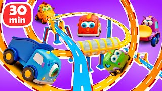 A new racing track for little monster cars! Mocas cars help to finish the construction.